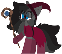 Size: 1626x1432 | Tagged: safe, artist:moonydusk, oc, oc only, earth pony, pony, black mane, black tail, blue eyes, clothes, ear fluff, female, freckles, gray coat, hoof hold, mare, no pupils, simple background, solo, staff, transparent background, witch