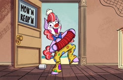 Size: 1655x1080 | Tagged: safe, artist:anontheanon, oc, oc only, earth pony, pony, accordion, beach, bipedal, bowtie, clown, clown makeup, derp, face paint, jargon scott's birthday, musical instrument, open door, polka dots, sand, sign, sky, solo, standing on one leg, suspenders, tail wrap, water