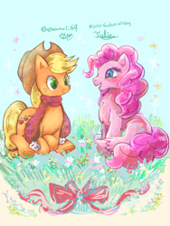 Size: 400x533 | Tagged: safe, artist:osawari-64, artist:osawari64, artist:unidraky, derpibooru import, applejack, pinkie pie, earth pony, pony, duo, female, grass, hat, mare, open mouth, signature, sitting, smiling, unshorn fetlocks