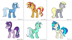 Size: 3840x2160 | Tagged: safe, artist:byteslice, derpibooru import, derpy hooves, dj pon-3, lyra heartstrings, starlight glimmer, sunset shimmer, trixie, vinyl scratch, pegasus, pony, unicorn, 4k, colored sketch, eye clipping through hair, female, folded wings, mare, simple background, sketch, white background, wings