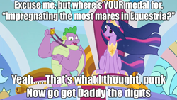 Size: 1280x720 | Tagged: safe, derpibooru import, edit, screencap, princess twilight 2.0, spike, twilight sparkle, twilight sparkle (alicorn), alicorn, dragon, pony, the last problem, caption, crown, duo, female, flowing mane, flowing tail, gigachad spike, image macro, jewelry, low effort, male, medal, meme, older, older spike, older twilight, pimpin' ain't easy, princess of friendship, regalia, sitting, spike gets all the mares, straight, text, throne, throne room, winged spike