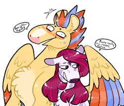 Size: 932x800 | Tagged: safe, artist:fastserve, derpibooru import, oc, oc only, oc:guards virtue, oc:morning light, pegasus, pony, unicorn, blushing, chest fluff, colored wings, female, flustered, lesbian, magical gay spawn, magical lesbian spawn, mare, oc x oc, offspring, offspring shipping, parent:flash sentry, parent:sunburst, parent:tempest shadow, parent:twilight sparkle, parents:flashburst, parents:tempestlight, shipping, simple background, speech bubble, transparent background, wings