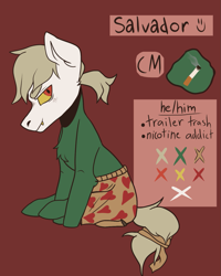 Size: 1039x1296 | Tagged: safe, artist:friendlyarts, derpibooru import, oc, oc only, oc:salvador, earth pony, boxers, cigarette, clothes, golden eyes, male, ponytail, reference sheet, solo, stallion, underwear