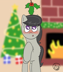 Size: 2900x3300 | Tagged: safe, artist:demitri, derpibooru import, octavia melody, earth pony, pony, blurry background, blushing, chest fluff, christmas, christmas lights, christmas presents, christmas tree, female, fire, fireplace, front view, holiday, holly, holly mistaken for mistletoe, looking up, offscreen character, pov, signature, solo, tree, wingding eyes