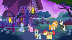 Size: 1136x640 | Tagged: safe, derpibooru import, bow hothoof, bright mac, cookie crumbles, hondo flanks, pear butter, windy whistles, female, male, mare, stallion, vector, wife swap