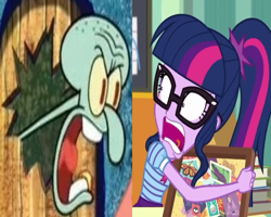 Size: 750x600 | Tagged: safe, derpibooru import, edit, edited screencap, screencap, sci-twi, twilight sparkle, better together, equestria girls, the last day of school, angry, good neighbors, nickelodeon, shrunken pupils, spongebob squarepants, squidward tentacles, wrong aspect ratio, yelling