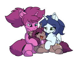 Size: 1280x1024 | Tagged: safe, artist:aurorafang, derpibooru import, oc, oc only, oc:aurorafang, oc:flurry, oc:mochaswirl, unicorn, 2021 community collab, clothes, cutie mark, derpibooru community collaboration, heterochromia, horned pegasus, ponytail, scarf, simple background, transparent background