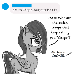 Size: 1153x1173 | Tagged: safe, artist:chopsticks, derpibooru import, oc, oc only, oc:cookie cutter, pegasus, ask, ask cookie cutter, cheek fluff, chest fluff, dialogue, female, filly, monochrome, offscreen character, sketch, text