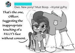 Size: 1100x788 | Tagged: safe, artist:chopsticks, derpibooru import, oc, oc only, oc:cookie cutter, ask, ask cookie cutter, cheek fluff, chest fluff, dialogue, ear fluff, female, filly, looking at you, monochrome, non-consensual booping, pointing, police officer, sketch, text, unshorn fetlocks, wing hands, wings