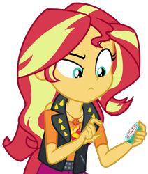 Size: 2581x3047 | Tagged: safe, artist:sketchmcreations, derpibooru import, sunset shimmer, better together, equestria girls, holidays unwrapped, clothes, female, geode of empathy, jacket, leather jacket, magical geodes, raised eyebrow, saving pinkie's pie, shoulderless, simple background, skeptical, timer, transparent background, vector