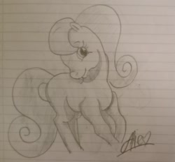 Size: 2444x2272 | Tagged: safe, artist:guruyunus17, derpibooru import, earth pony, pony, g2, heart, irl, looking at you, pencil drawing, photo, smiling, solo, traditional art