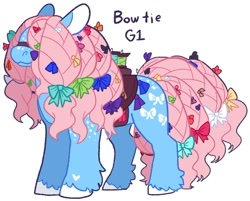 Size: 1024x823 | Tagged: safe, artist:babypaste, derpibooru import, bow tie (g1), earth pony, pony, g1, bag, bow, female, g1 to g4, generation leap, hair bow, hair over eyes, mare, saddle bag, simple background, solo, unshorn fetlocks, white background