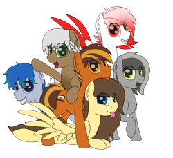 Size: 2400x2200 | Tagged: safe, artist:ponynamedmixtape, derpibooru import, oc, oc:deepest apologies, oc:greyscale, oc:mixtape, oc:nimpone, oc:retro hearts, oc:rosalie, earth pony, pegasus, 2021 community collab, derpibooru community collaboration, female, group, group photo, male, simple background, tongue out, transparent background