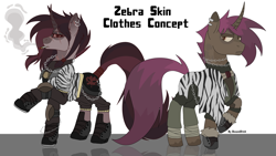 Size: 4096x2303 | Tagged: safe, artist:besomb1tch, derpibooru import, oc, pony, unicorn, zebra, chains, cigarette, clothes, concept art, ear piercing, earring, jewelry, piercing, smoking