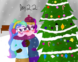 Size: 1280x1014 | Tagged: safe, artist:horroraceman93, derpibooru import, princess celestia, principal celestia, queen novo, equestria girls, my little pony: the movie, blushing, christmas, christmas tree, equestria girls-ified, female, holding hands, holiday, lesbian, novolestia, shipping, tree