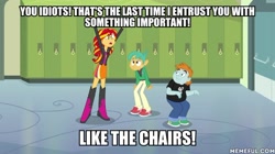 Size: 600x337 | Tagged: safe, derpibooru import, edit, edited screencap, screencap, snails, snips, sunset shimmer, equestria girls, equestria girls (movie), canterlot high, caption, dialogue, female, image macro, male, regular show, text, trio, yelling