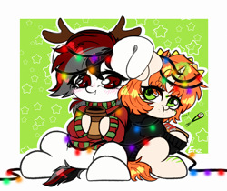 Size: 2500x2100 | Tagged: safe, artist:etoz, derpibooru import, oc, oc only, oc:etoz, oc:gamer dash, undead, unicorn, vampire, vampony, blushing, christmas, clothes, coffee, eating, female, food, garland, gift art, happy holidays, holiday, hoodie, horn, magic, magic aura, mare, merry christmas, sketch, stars, sushi, sweater, unicorn oc