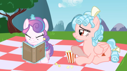 Size: 1280x720 | Tagged: safe, artist:darkgloones, derpibooru import, cozy glow, princess flurry heart, pegasus, pony, a better ending for cozy, book, duo, duo female, female, food, older, older cozy glow, older flurry heart, picnic blanket, popcorn