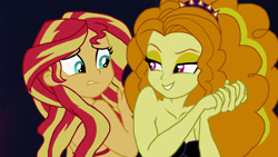 Size: 1920x1080 | Tagged: safe, artist:zarxnos, derpibooru import, adagio dazzle, sunset shimmer, mermaid, equestria girls, crossover, cute, duo, duo female, female, mermaidized, scared, shimmerbetes, species swap, the little mermaid