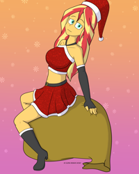 Size: 1280x1600 | Tagged: safe, artist:cadenreigns, derpibooru import, sunset shimmer, human, equestria girls, boots, christmas, clothes, costume, hat, holiday, midriff, santa costume, santa hat, santa sack, shoes, skirt