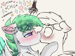 Size: 4000x3000 | Tagged: safe, artist:dreamyskies, artist:toanderic, derpibooru import, oc, oc:dreamer skies, oc:toanderic, pony, cute, ethereal mane, femboy, gay, kissing, male, mistletoe, oc x oc, pony oc, shipping, simple background, sparkles, stallion, starry eyes, starry mane, text, trap, white background, wingding eyes