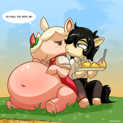 Size: 4000x4000 | Tagged: safe, artist:metalface069, derpibooru import, oc, oc:chug-a-lug, earth pony, pony, animal crossing, belly, belly button, big belly, commission, fat, feeding, food, ice cream, merengue, pancakes