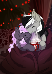 Size: 2480x3508 | Tagged: safe, artist:arctic-fox, derpibooru import, oc, oc:sak, oc:stormdancer, bat pony, undead, vampire, vampony, bat pony oc, bat wings, blanket, chocolate, christmas, christmas lights, christmas tree, couple, cute, food, happy, holiday, hot chocolate, married couple, night, sakancer, tree, wings