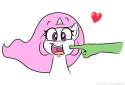 Size: 705x478 | Tagged: safe, artist:banebuster, derpibooru import, princess celestia, oc, oc:anon, alicorn, pony, series:tiny tia, cewestia, cheeks, cute, cutelestia, disembodied hand, female, filly, floating heart, hand, happy, heart, offscreen character, open mouth, pink-mane celestia, pleasant surprise, poking, simple background, white background, younger