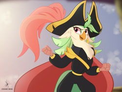 Size: 2858x2160 | Tagged: safe, artist:zidanemina, derpibooru import, captain celaeno, my little pony: the movie, alternate design, alternate hairstyle, cape, celaeno's airship, clothes, ear piercing, earring, female, hat, jewelry, looking sideways, parrot pirates, piercing, pirate, sky, smiling, solo, solo female