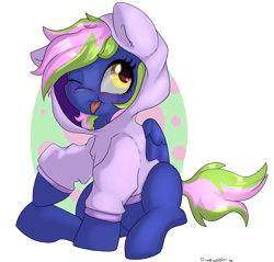 Size: 2872x2744 | Tagged: safe, artist:dumbwoofer, derpibooru import, oc, oc:lishka, pegasus, pony, blepping, clothes, cute, hoodie, solo