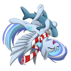 Size: 1200x1200 | Tagged: safe, artist:crystalbay, derpibooru import, oc, oc only, oc:crystal bay, pegasus, shark, 2021 community collab, blåhaj, clothes, cold, derpibooru community collaboration, embrace, flying, happy, hug, plushie, scarf, simple background, snuggling, soaring, solo, transparent background, upside down