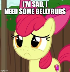 Size: 500x515 | Tagged: safe, derpibooru import, edit, edited screencap, editor:twi clown, screencap, apple bloom, earth pony, pony, the cart before the ponies, :c, bow, caption, cropped, cutie mark, female, frown, image macro, imgflip, mare, sad, solo, text, the cmc's cutie marks