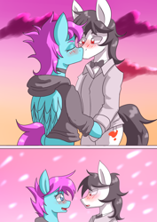 Size: 1700x2400 | Tagged: safe, artist:zachc, derpibooru import, earth pony, pegasus, blushing, bowtie, choker, clothes, female, kissing, looking at each other, male, wings