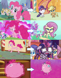 Size: 2080x2632 | Tagged: safe, artist:ncolque, derpibooru import, edit, edited screencap, screencap, applejack, discord, dishwater slog, fluttershy, pinkie pie, princess celestia, princess luna, rainbow dash, rarity, smallfry, spike, starlight glimmer, twilight sparkle, twilight sparkle (alicorn), alicorn, dragon, earth pony, inflatable pony, pegasus, pony, unicorn, friendship is magic, my little pony: pony life, the ending of the end, the one where pinkie pie knows, too many pinkie pies, spoiler:my little pony: pony life, chaos pinkie, comparison, fourth wall, fourth wall destruction, giantshy, inflatable, looking at you, macro, marshmelodrama, nose in the air, pinkamena diane pie