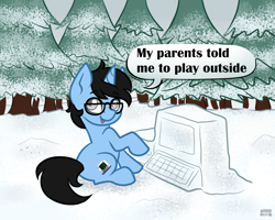 Size: 1280x1024 | Tagged: safe, artist:sabrib, derpibooru import, oc, oc only, oc:tinker doo, pony, unicorn, colt, computer, dialogue, forest, glasses, looking at you, male, silly, silly pony, sitting, snow, solo, speech bubble, talking to viewer, tree