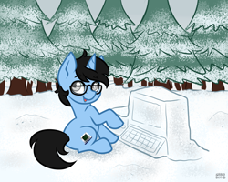 Size: 1280x1024 | Tagged: safe, artist:sabrib, derpibooru import, oc, oc only, oc:tinker doo, pony, colt, computer, forest, male, silly, silly pony, snow, solo, tree