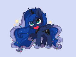 Size: 3000x2244 | Tagged: safe, artist:yourmeow, derpibooru import, princess luna, alicorn, pony, :3, christmas, christmas lights, cute, ear fluff, female, filly, heart, holiday, lunabetes, mouth hold, solo, stars, woona, younger