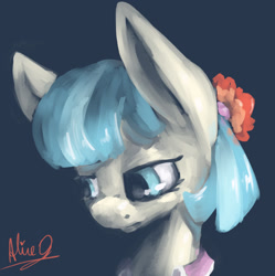 Size: 1074x1080 | Tagged: safe, artist:aliceg, coco pommel, earth pony, pony, gorgoalice daily pony, blue background, blue mane, clothes, female, flower in hair, looking to side, looking to the left, mare, sad, signature, simple background, solo, yellow coat