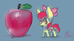 Size: 1920x1080 | Tagged: safe, artist:aliceg, apple bloom, earth pony, pony, gorgoalice daily pony, apple, applebloom's bow, big ears, blue background, bow, cutie mark, ears, female, filly, foal, looking to side, looking to the right, open mouth, orange eyes, pink bow, red mane, red tail, signature, simple background, smiling, solo, yellow coat