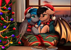 Size: 2833x1998 | Tagged: safe, artist:pridark, oc, oc only, bat pony, pegasus, bat pony oc, bat wings, blanket, blushing, christmas, christmas decoration, christmas tree, commission, cookie, duo, food, hat, holiday, indoors, looking at each other, pegasus oc, plate, santa hat, smiling, table, tree, window, wings