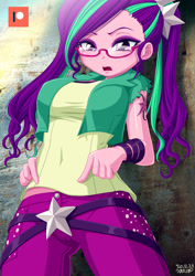 Size: 848x1200 | Tagged: safe, artist:uotapo, aria blaze, equestria girls, female, glasses, looking at you, nerd, open mouth, pants, patreon, patreon logo, solo