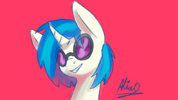 Size: 1920x1080 | Tagged: safe, artist:aliceg, dj pon-3, vinyl scratch, pony, unicorn, gorgoalice daily pony, bust, ears, eye clipping through hair, female, glasses clipping through hair, horn, mare, portrait, red background, signature, simple background, smiling, solo, sunglasses, tilted head, two toned mane, white coat