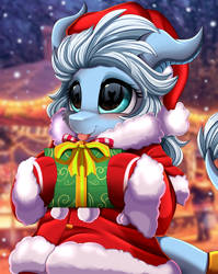 Size: 2550x3209 | Tagged: safe, artist:pridark, part of a set, oc, oc only, :p, adorable face, blushing, christmas, commission, cute, glasses, hat, high res, holding, holiday, older, present, santa hat, solo, teenager, tongue out, unknown species, ych result
