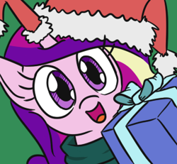 Size: 303x280 | Tagged: safe, artist:jargon scott, princess cadance, alicorn, pony, christmas, clothes, cute, cutedance, female, green background, hat, hi anon, holiday, horn sock, looking at you, mare, meme, present, santa hat, simple background, smiling, solo, sweater