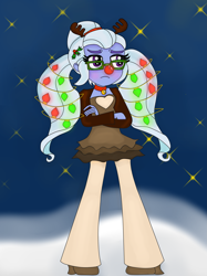 Size: 2447x3264 | Tagged: safe, artist:blazingdazzlingdusk, derpibooru import, edit, sugarcoat, equestria girls, antlers, blushing, christmas, christmas lights, clothes, costume, cropped, crossed arms, cute, holiday, rudolph nose, rudolph the red nosed reindeer, solo, sugarcute, unamused