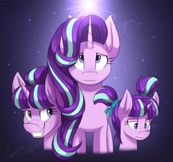 Size: 3300x3100 | Tagged: safe, artist:kaylerustone, derpibooru import, starlight glimmer, pony, unicorn, age progression, bust, evil grin, female, filly, filly starlight glimmer, gradient background, grin, looking down, looking up, mare, pigtails, redraw, s5 starlight, sad, smiling, solo, stars, through the years, younger