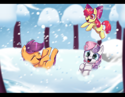 Size: 6700x5200 | Tagged: safe, artist:melanyschaffer, derpibooru import, apple bloom, scootaloo, sweetie belle, earth pony, pegasus, unicorn, bow, cute, cutealoo, cutie mark crusaders, eyes closed, female, filly, hair bow, jumping, open mouth, playing, snow, snowfall