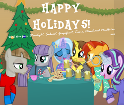 Size: 3182x2696 | Tagged: safe, artist:grapefruitface1, derpibooru import, maud pie, mudbriar, starlight glimmer, sunburst, trixie, oc, oc:grapefruit face, pony, base used, blushing, candy, candy cane, christmas, christmas tree, clothes, cup, drunk, eyes closed, food, group, happy, hearth's warming eve, holiday, implied drinking, magic, magic aura, party, pie, plate, ponies wearing clothing, shirt, table, teacup, tinsel, tree