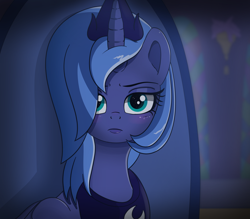 Size: 1500x1312 | Tagged: safe, artist:crimsonsky, derpibooru import, princess luna, alicorn, pony, blushing, fanfic, fanfic art, female, glare, mare, offscreen character, offscreen human, solo, staring at you, throne, throne room, unamused, young luna
