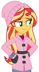 Size: 1024x1878 | Tagged: safe, artist:emeraldblast63, derpibooru import, sunset shimmer, equestria girls, beanie, clothes, coat, cute, hat, simple background, snow, solo, transparent background, winter